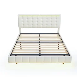 Lit double 160 x 200 cm, sommier tapissier flottant, avec LED, lin, beige