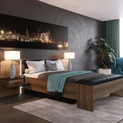 Lit double 160 x 200 décor chêne foncé et noir avec LED - RIVIERA