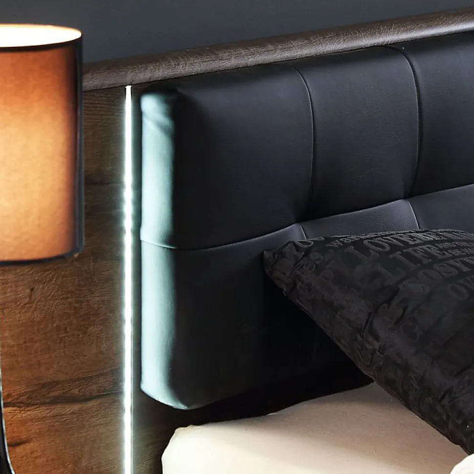 Lit double 160 x 200 décor chêne foncé et noir avec LED - RIVIERA