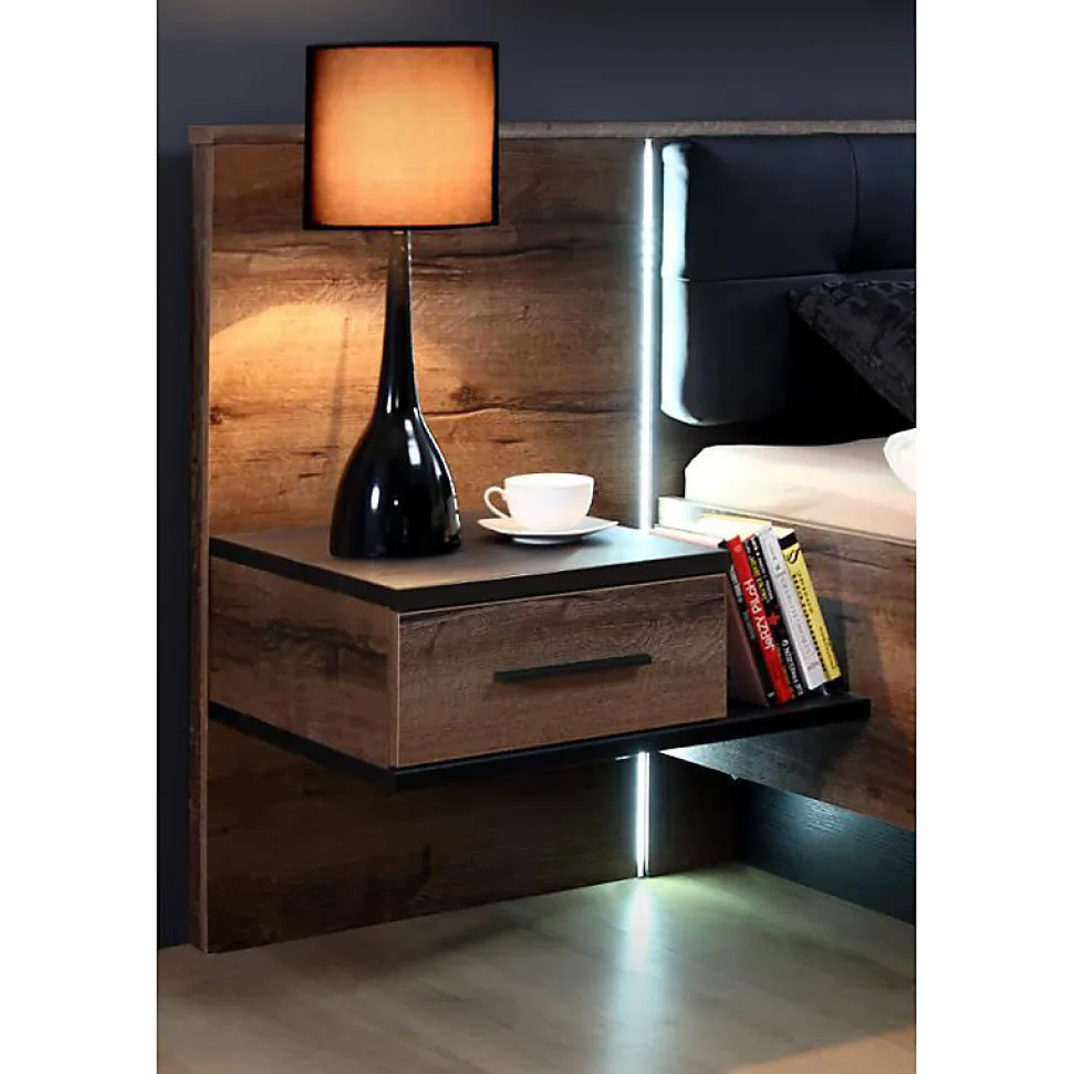 Lit double 160 x 200 décor chêne foncé et noir avec LED - RIVIERA