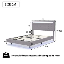 Lit double 140 x 200cm avec sommier à lattes, Lit 140 x 200cm avec éclairage LED et USB, cadre de lit en lin, Gris