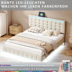 Lit double 160 x 200cm avec sommier à lattes, Lit 160 x 200cm avec éclairage LED et USB, cadre de lit en lin, Beige
