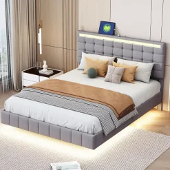 Lit double 140 x 200cm avec sommier à lattes, Lit 140 x 200cm avec éclairage LED et USB, cadre de lit en lin, Gris
