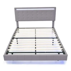 Lit double 140 x 200cm avec sommier à lattes, Lit 140 x 200cm avec éclairage LED et USB, cadre de lit en lin, Gris