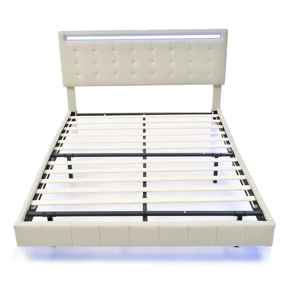 Lit double 140 x 200cm avec sommier à lattes, Lit 140 x 200cm avec éclairage LED et USB, cadre de lit en lin, Beige