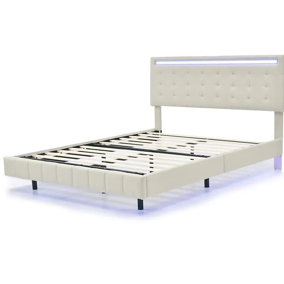 Lit double 140 x 200cm avec sommier à lattes, Lit 140 x 200cm avec éclairage LED et USB, cadre de lit en lin, Beige