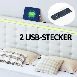 Lit double 140 x 200cm avec sommier à lattes, Lit 140 x 200cm avec éclairage LED et USB, cadre de lit en lin, Beige