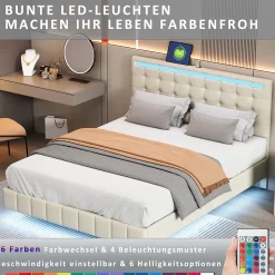 Lit double 140 x 200cm avec sommier à lattes, Lit 140 x 200cm avec éclairage LED et USB, cadre de lit en lin, Beige