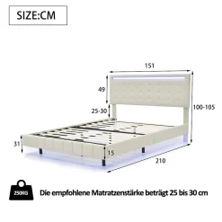 Lit double 140 x 200cm avec sommier à lattes, Lit 140 x 200cm avec éclairage LED et USB, cadre de lit en lin, Beige
