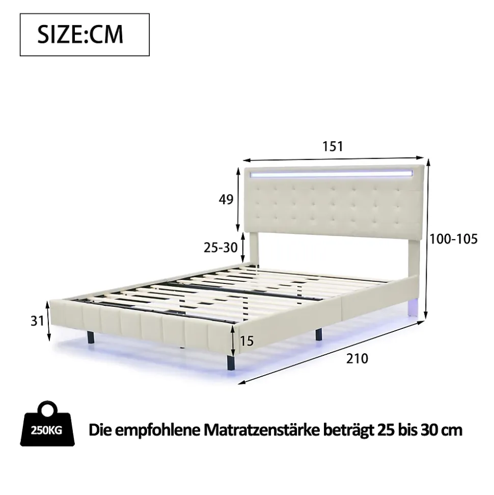 Lit double 140 x 200cm avec sommier à lattes, Lit 140 x 200cm avec éclairage LED et USB, cadre de lit en lin, Beige