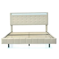 Lit double 140 x 200cm avec sommier à lattes, Lit 140 x 200cm avec éclairage LED et USB, cadre de lit en lin, Beige