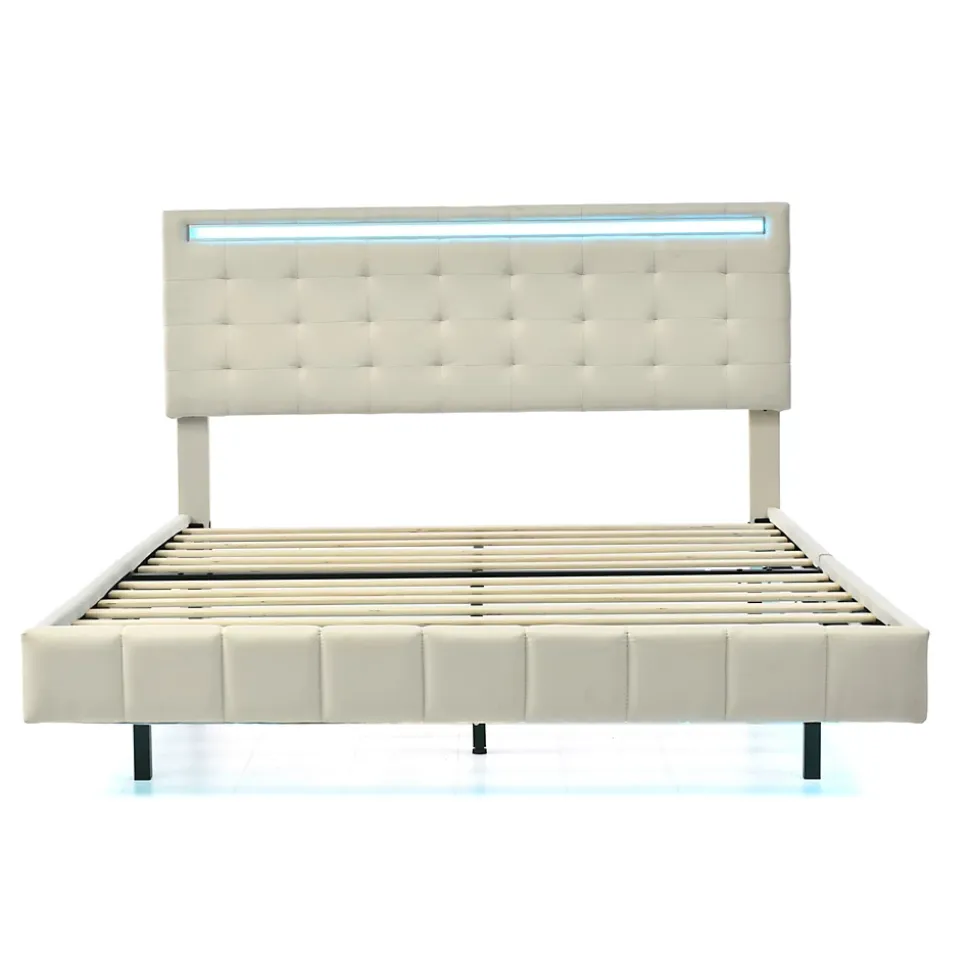 Lit double 140 x 200cm avec sommier à lattes, Lit 140 x 200cm avec éclairage LED et USB, cadre de lit en lin, Beige