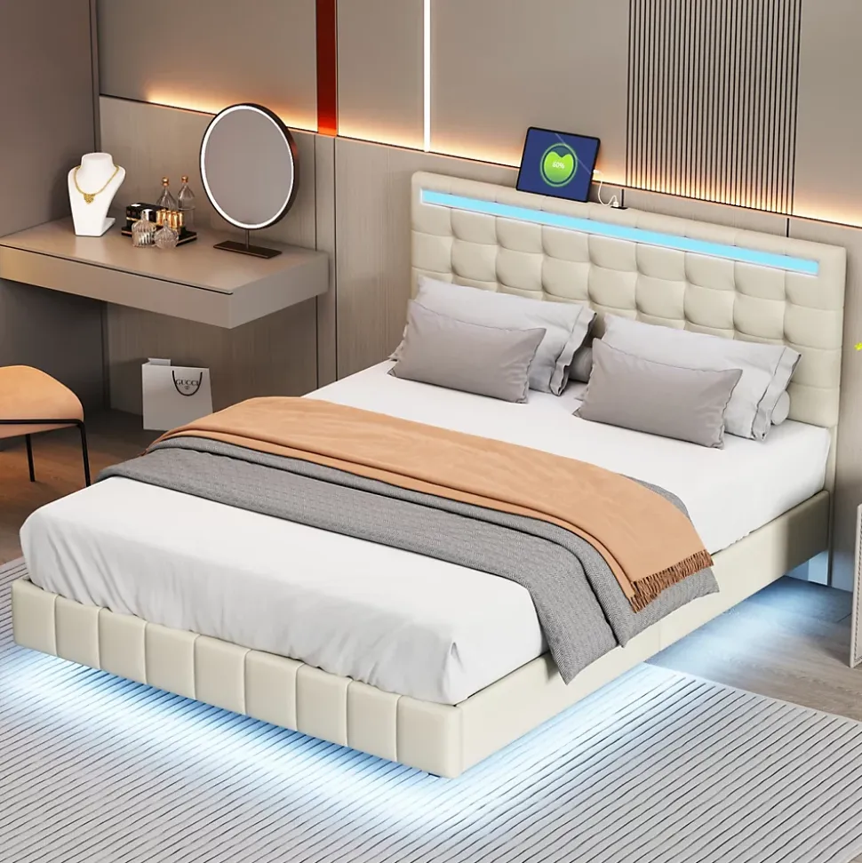 Lit double 140 x 200cm avec sommier à lattes, Lit 140 x 200cm avec éclairage LED et USB, cadre de lit en lin, Beige