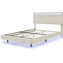 Lit double 160 x 200cm avec sommier à lattes, Lit 160 x 200cm avec éclairage LED et USB, cadre de lit en lin, Beige