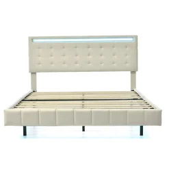 Lit double 160 x 200cm avec sommier à lattes, Lit 160 x 200cm avec éclairage LED et USB, cadre de lit en lin, Beige