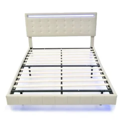 Lit double 160 x 200cm avec sommier à lattes, Lit 160 x 200cm avec éclairage LED et USB, cadre de lit en lin, Beige