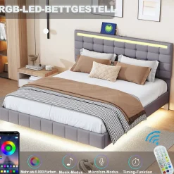 Lit double 160 x 200cm avec sommier à lattes, Lit 160 x 200cm avec éclairage LED et USB, cadre de lit en lin, Gris