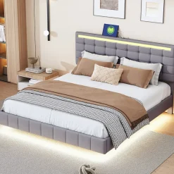 Lit double 160 x 200cm avec sommier à lattes, Lit 160 x 200cm avec éclairage LED et USB, cadre de lit en lin, Gris
