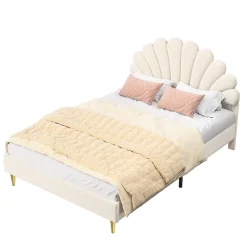 Lit double 140 x 200,lit 140 x 200,lit rembourré,lit adulte avec tête de lit en forme de fleur,beige