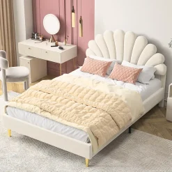 Lit double 140 x 200,lit 140 x 200,lit rembourré,lit adulte avec tête de lit en forme de fleur,beige