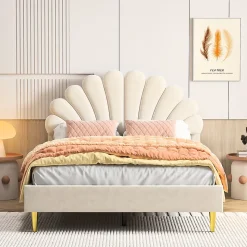 Lit double 140 x 200,lit 140 x 200,lit rembourré,lit adulte avec tête de lit en forme de fleur,beige