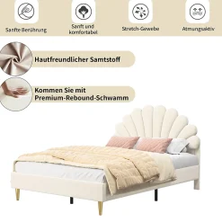 Lit double 140 x 200,lit 140 x 200,lit rembourré,lit adulte avec tête de lit en forme de fleur,beige