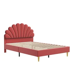 Lit double 140 x 200,lit 140 x 200,lit rembourré,lit adulte avec tête de lit en forme de fleur,beige