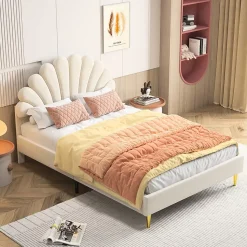 Lit double 140 x 200,lit 140 x 200,lit rembourré,lit adulte avec tête de lit en forme de fleur,beige