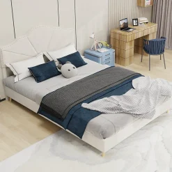 Lit Double Ado 140x200 cm - Lit Capitonné Bas Moderne et Confortable, Sans Vérin, Sans Matelas, Tissu Beige