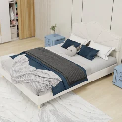 Lit Double Ado 140x200 cm - Lit Capitonné Bas Moderne et Confortable, Sans Vérin, Sans Matelas, Tissu Beige