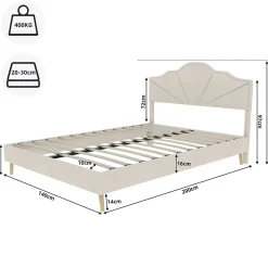 Lit Double Ado 140x200 cm - Lit Capitonné Bas Moderne et Confortable, Sans Vérin, Sans Matelas, Tissu Beige