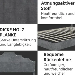 Lit Double Ado 140x200 cm - Lit Bas Capitonné, Sans Vérin et Sans Matelas, Moderne et Confortable, Tissu Gris