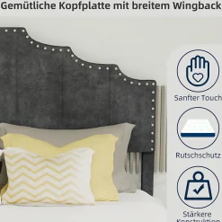 Lit Double Ado 140x200 cm - Lit Bas Capitonné, Sans Vérin et Sans Matelas, Moderne et Confortable, Tissu Gris