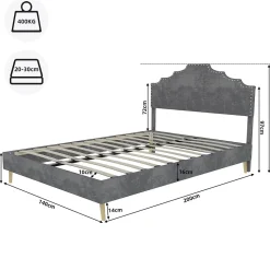 Lit Double Ado 140x200 cm - Lit Bas Capitonné, Sans Vérin et Sans Matelas, Moderne et Confortable, Tissu Gris