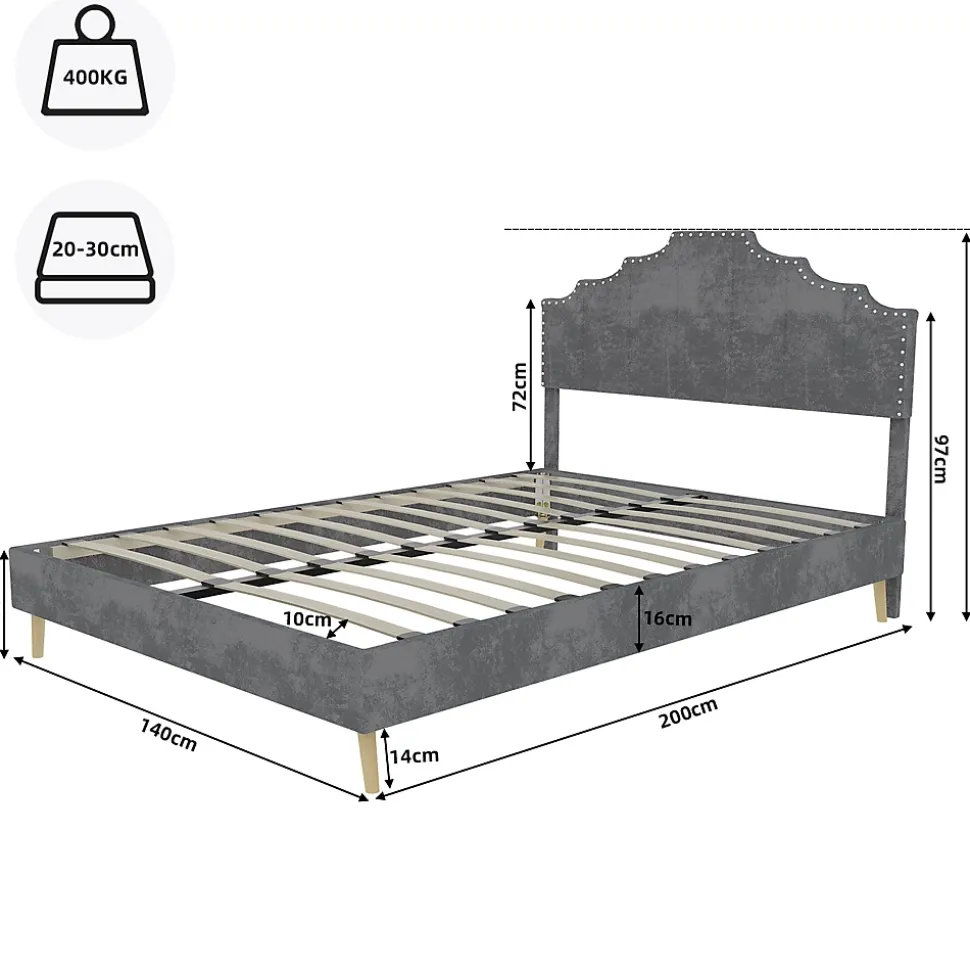 Lit Double Ado 140x200 cm - Lit Bas Capitonné, Sans Vérin et Sans Matelas, Moderne et Confortable, Tissu Gris
