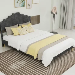 Lit Double Ado 140x200 cm - Lit Bas Capitonné, Sans Vérin et Sans Matelas, Moderne et Confortable, Tissu Gris