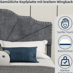 Lit Double Ado 140x200 cm - Lit Capitonné Bas Moderne et Confortable, Sans Vérin, Sans Matelas, Tissu Gris