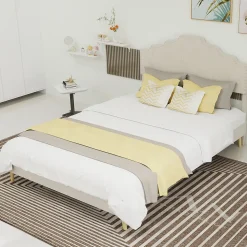 Lit Double Ado 140x200 cm - Tête de Lit Confortable et Style Moderne, Structure Composite en Tissu et Métal, sans Matelas, Beige