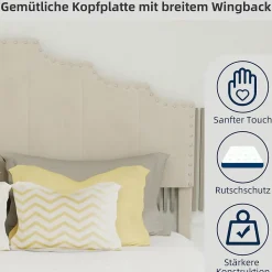 Lit Double Ado 140x200 cm - Tête de Lit Confortable et Style Moderne, Structure Composite en Tissu et Métal, sans Matelas, Beige