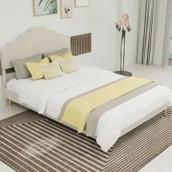 Lit Double Ado 140x200 cm - Tête de Lit Confortable et Style Moderne, Structure Composite en Tissu et Métal, sans Matelas, Beige