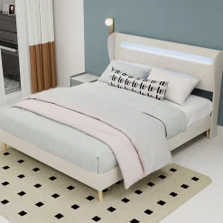 Lit Double Ado 140x200 cm - Tête de Lit Éclairage LED Doux, Structure Composite Stable en Tissu et Métal, sans Matelas, Beige