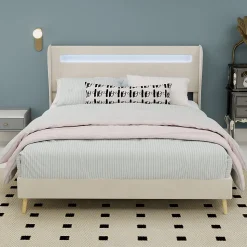 Lit Double Ado 140x200 cm - Tête de Lit Éclairage LED Doux, Structure Composite Stable en Tissu et Métal, sans Matelas, Beige