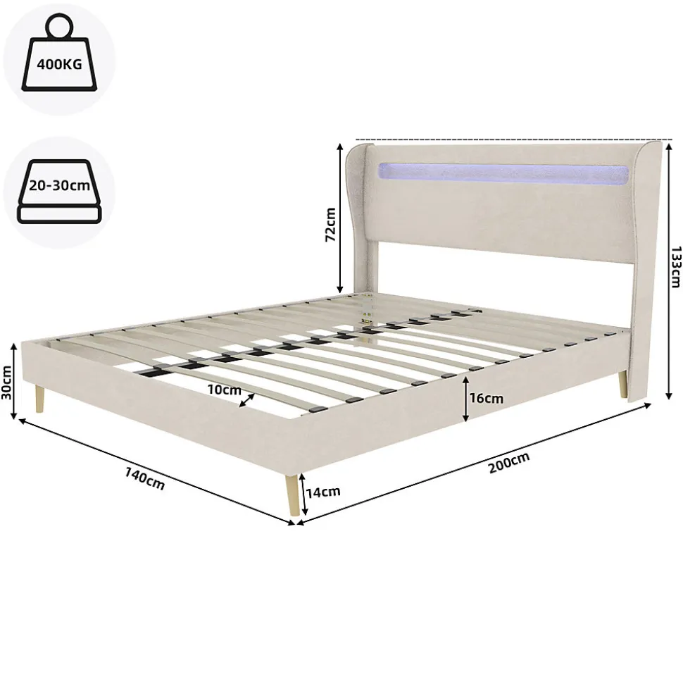 Lit Double Ado 140x200 cm - Tête de Lit Éclairage LED Doux, Structure Composite Stable en Tissu et Métal, sans Matelas, Beige