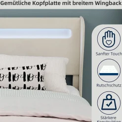 Lit Double Ado 140x200 cm - Tête de Lit Éclairage LED Doux, Structure Composite Stable en Tissu et Métal, sans Matelas, Beige