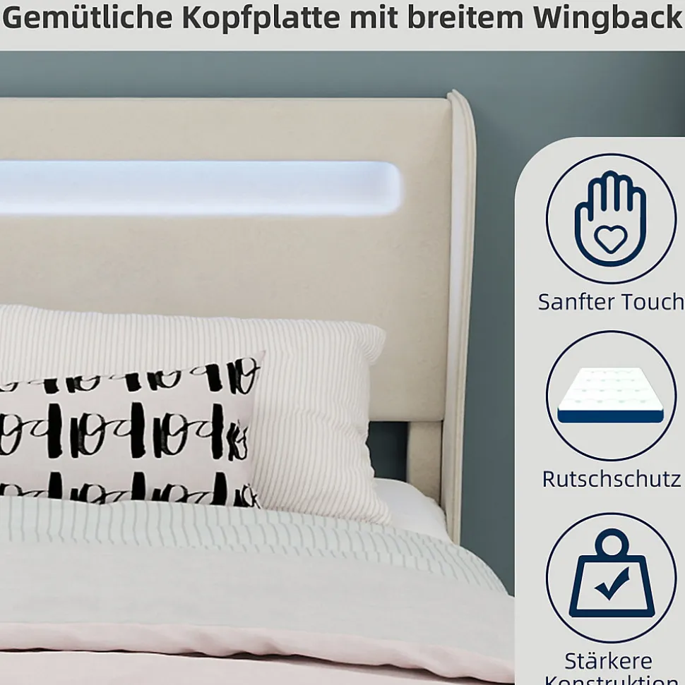 Lit Double Ado 140x200 cm - Tête de Lit Éclairage LED Doux, Structure Composite Stable en Tissu et Métal, sans Matelas, Beige