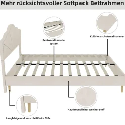 Lit Double Adulte 160x200 cm - Lit Bas Capitonné Moderne et Confortable, Sans Vérin, Sans Matelas, Tissu Beige