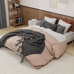 Lit Double Adulte 160x200 cm - Lit Sans Tête de Lit, Sans Matelas, Velours Moderne et Bas, Cadre Stable en Composite, Beige