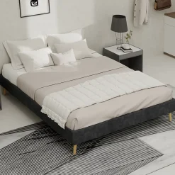 Lit Double Adulte/Ado 140x200 cm, avec Cadre Bas Moderne et Stable, Design Minimaliste en Velours Hollandais Gris, Sans Matelas