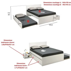 Lit double ALPHA 140x190 + 2 tiroirs + tiroir lit 90x190 avec sommier + chevet / Blanc