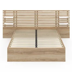 Lit double AMALIA avec tête de lit, étagères suspendues et sommier 140 x 190 cm hêtre et blanc